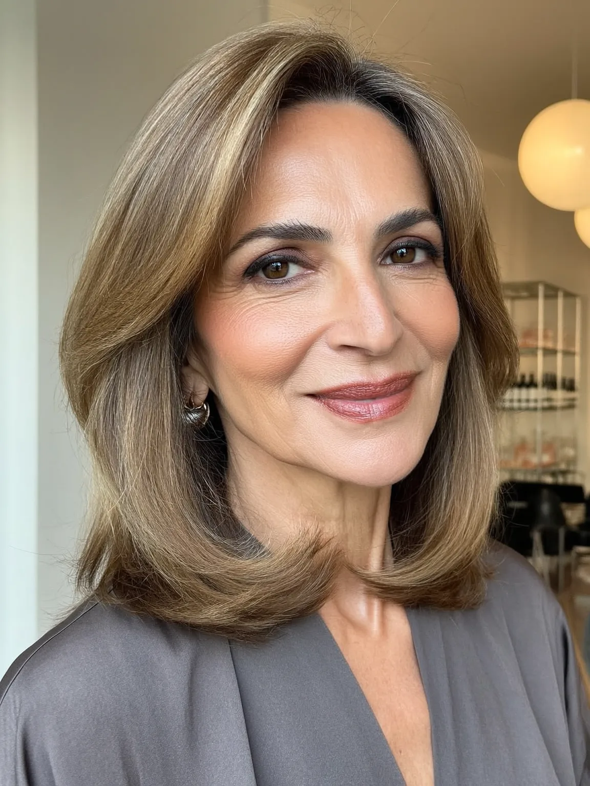Shoulder-Length Feathered Layers in Warm Caramel Brown